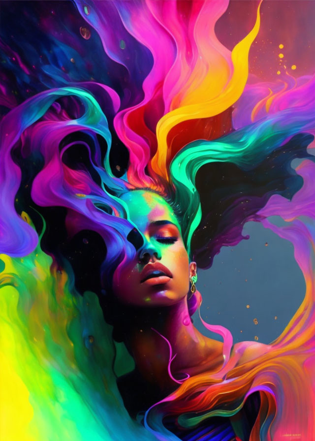 Woman Surrounded by Vibrant Neon Colors in Cosmic Nebula