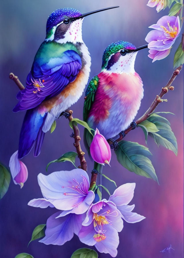 Vibrant hummingbirds on branch with pink blossoms in purple background