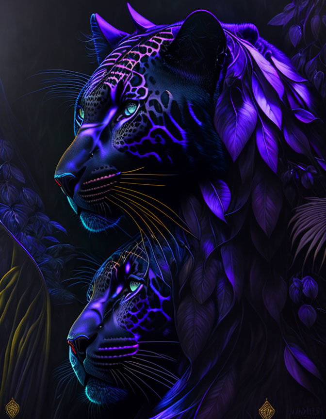 Neon-patterned leopards in jungle-themed digital art