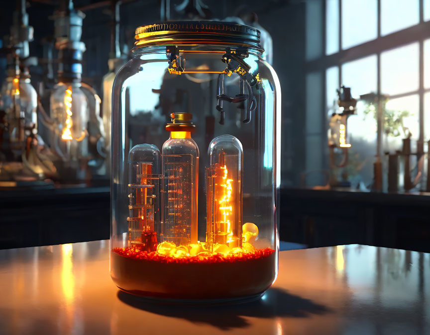 Glass jar with glowing elements in dimly lit room with scientific apparatuses