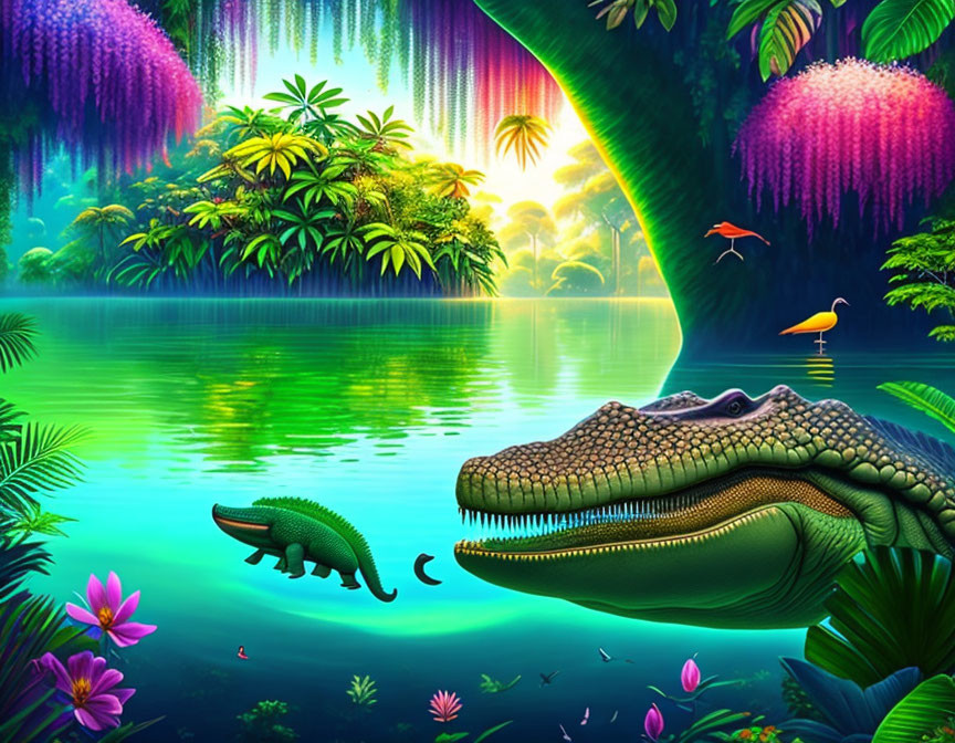 Colorful Jungle Digital Artwork with Birds, Flowers, and Crocodiles