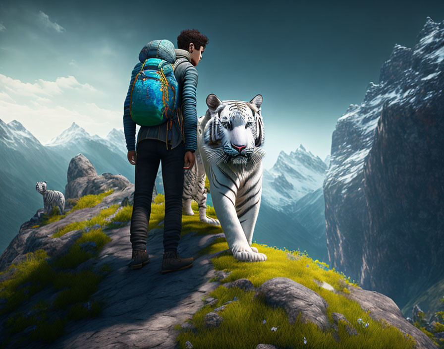 Traveler with backpack meets white tiger on mountain path