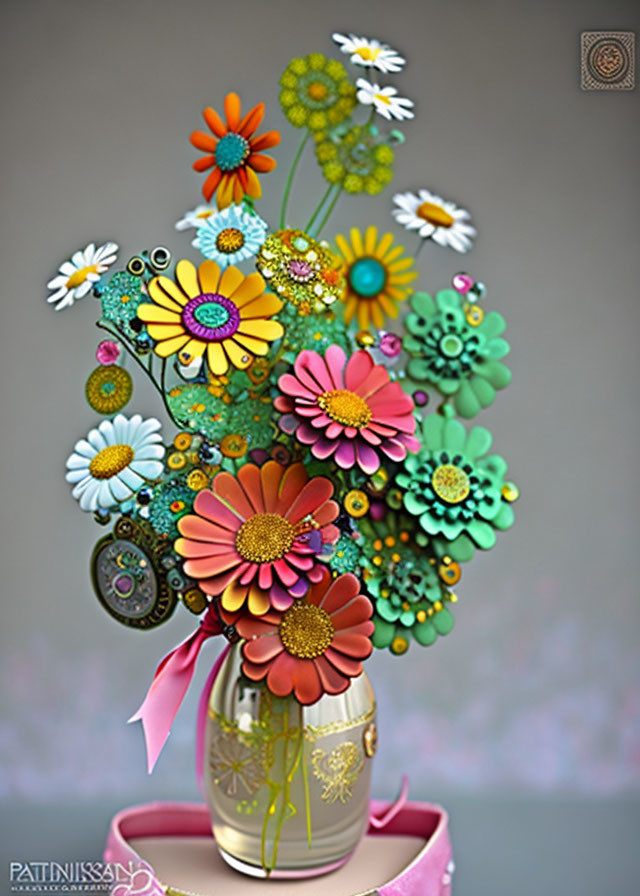 Colorful Stylized Flower Bouquet in Gold Vase with Pink Ribbon