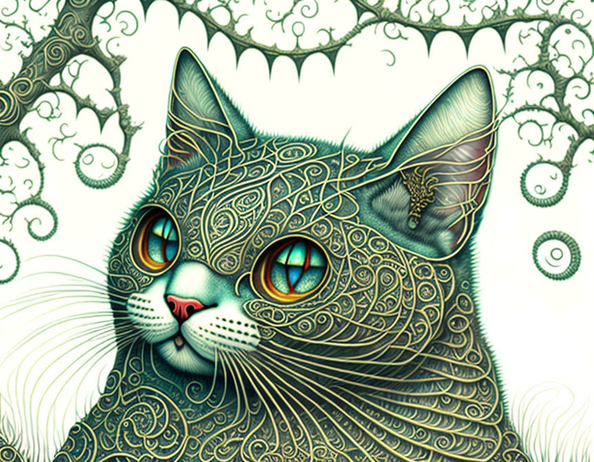 Detailed Cat Illustration with Intricate Patterns and Golden Eyes in Stylized Tree Background