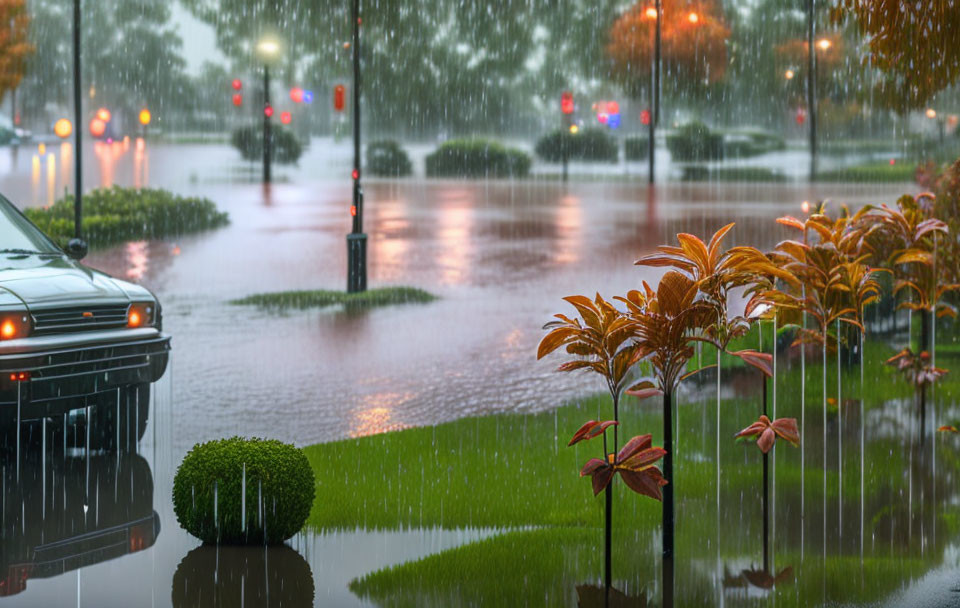 Urban street flooded by heavy rain with traffic lights and car, lush plants in foreground