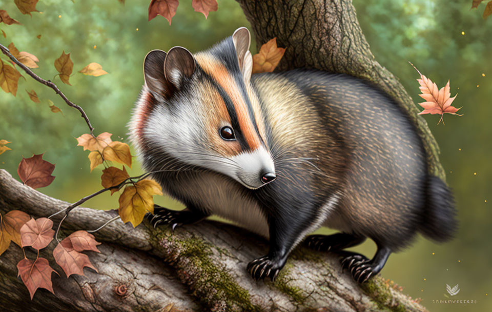 Hybrid Raccoon and Badger Creature on Autumn Tree Branch