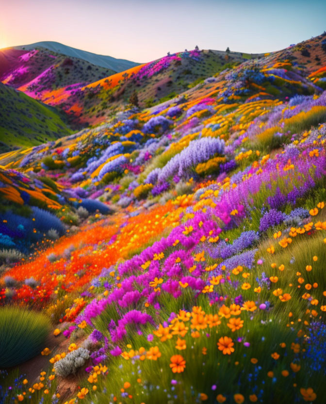 Colorful Wildflowers Blanket Rolling Hills at Sunset