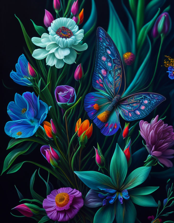 Colorful Butterfly on Flower Bouquet Against Dark Background