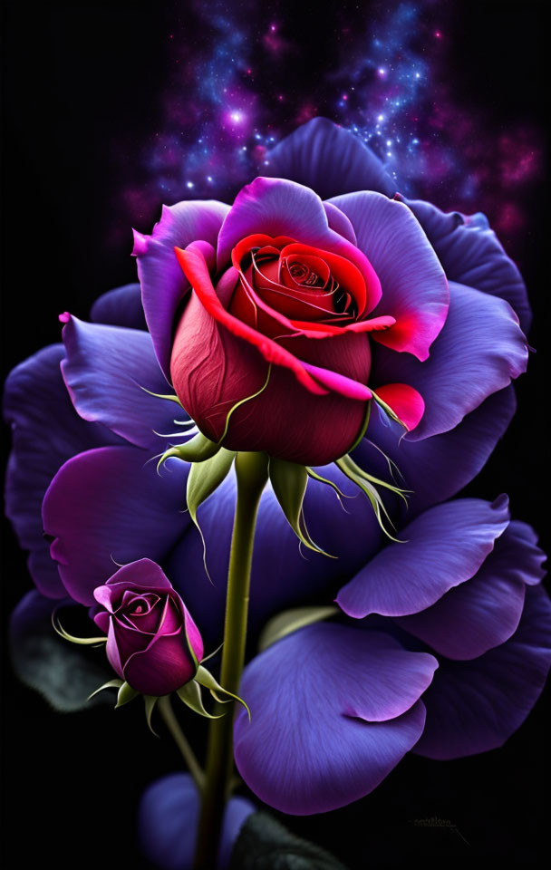 Vibrant pink rose with purple petals on cosmic background