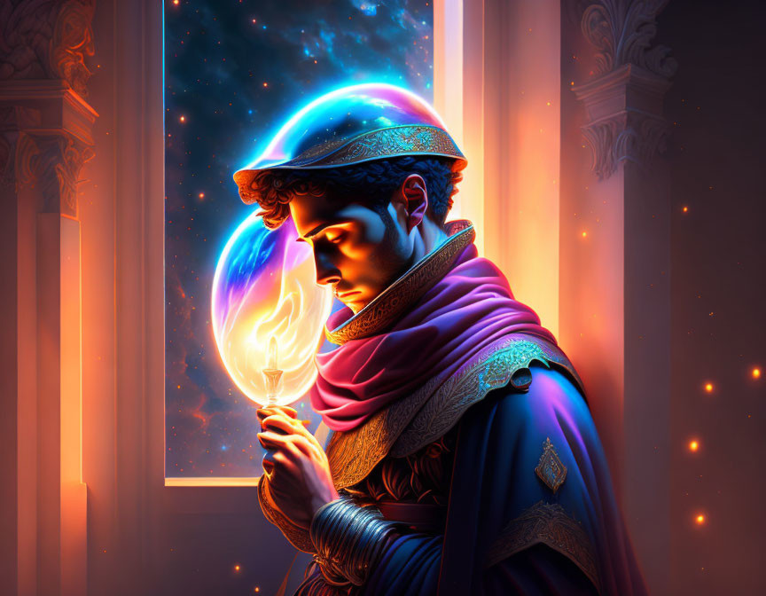 Medieval man in deep thought with glowing orb and cosmic backdrop.