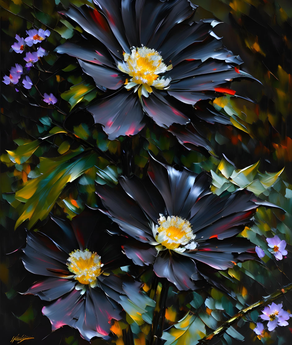 Colorful Dark Flowers Painting with Yellow Centers on Black Background