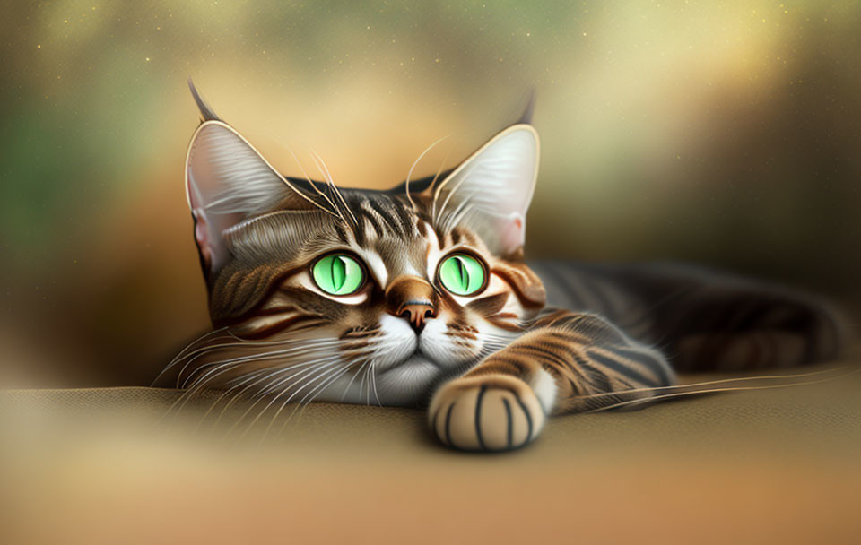 Tabby cat digital illustration with green eyes and bokeh background