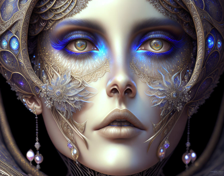 Digital artwork featuring woman with blue eyes, ornate headgear & intricate skin patterns