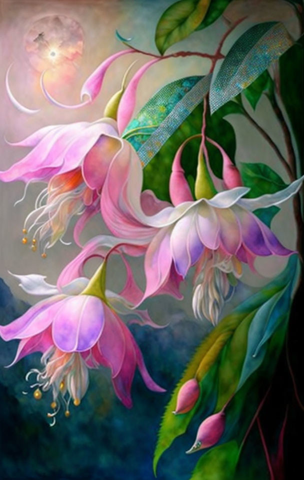 Colorful painting of oversized pink and white flowers on a multicolored background