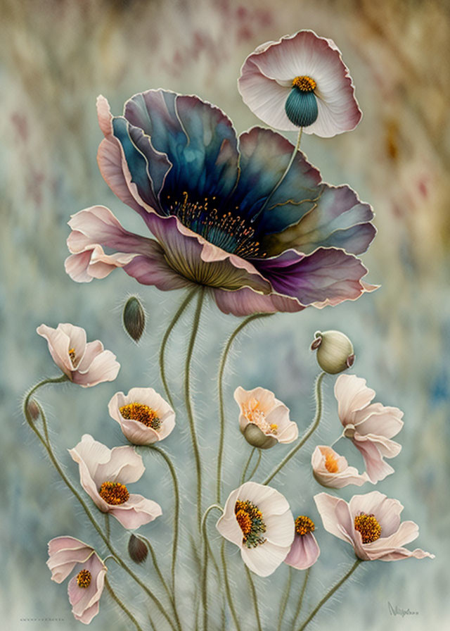 Vibrant poppy painting with purple, pink, and white hues on intricate petals and stems.