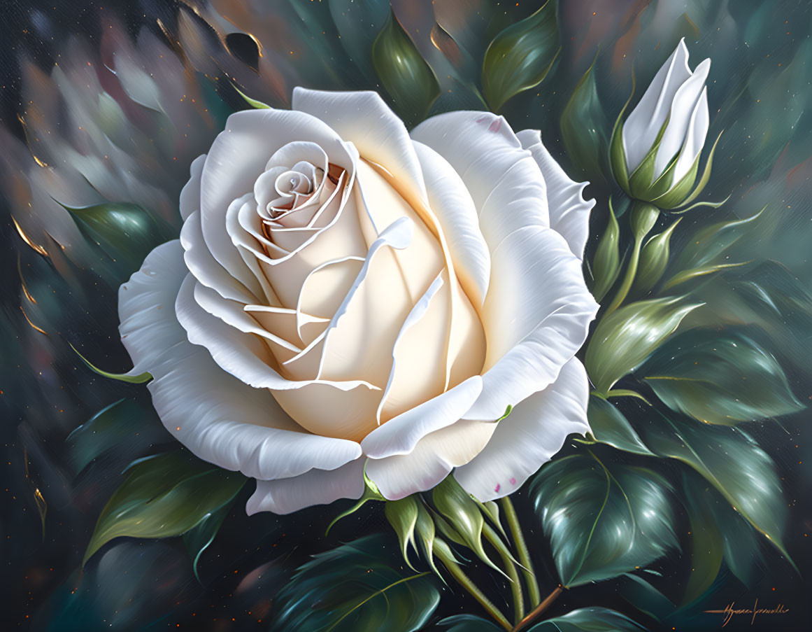 Detailed digital painting: Large white rose with cream center, dark green leaves, against night sky background.