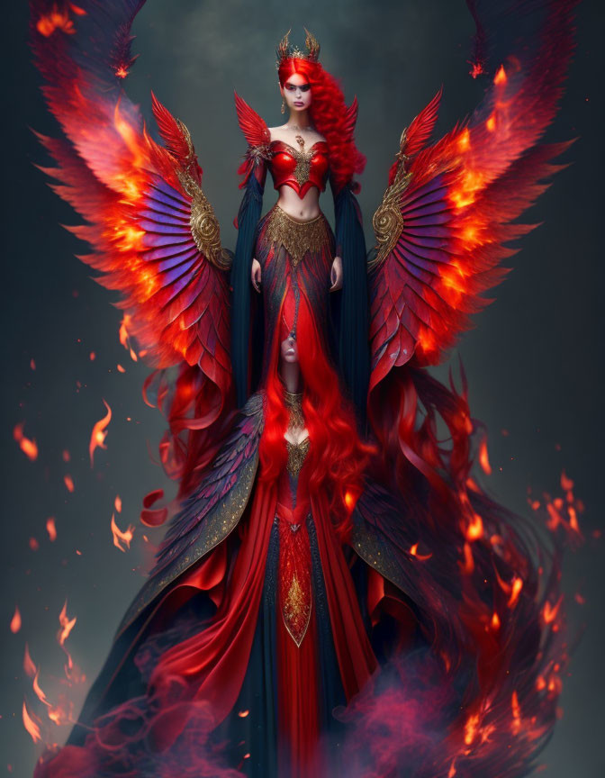 Regal figure in red and gold armor with fiery wings and headdress on dark background