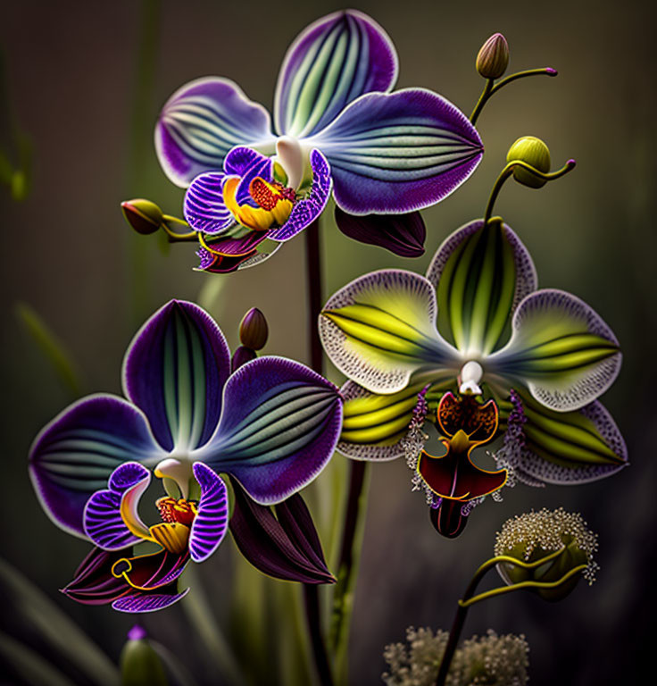 Colorful Orchids with Detailed Petal Patterns on Soft Green Background