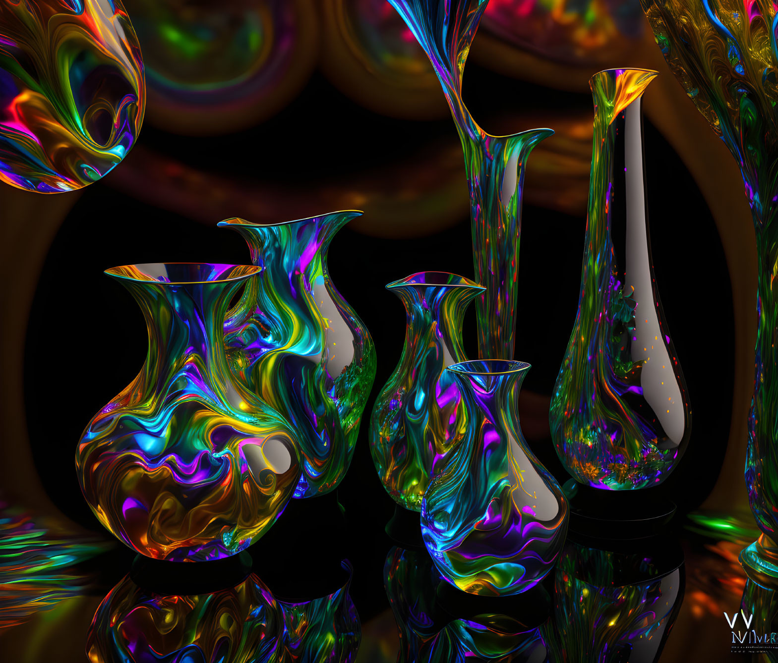 Shiny iridescent vases with swirling colors on dark reflective background