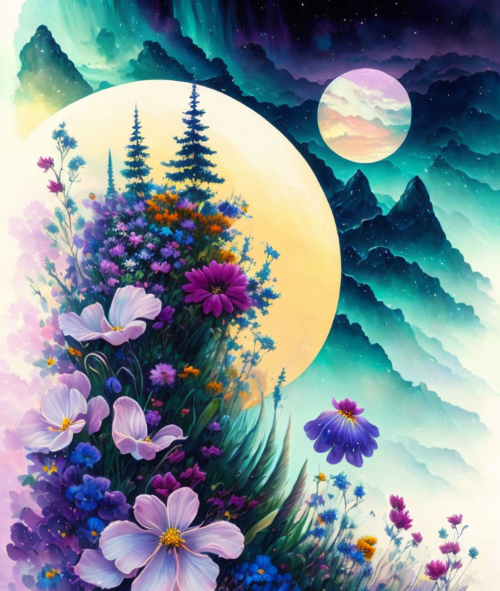 Colorful Flowers and Moonlit Landscape Painting