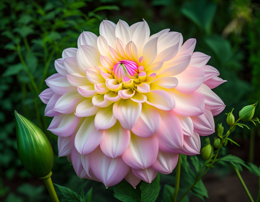 Colorful cream, pink, and yellow dahlia flower with intricate petal structure among green foliage