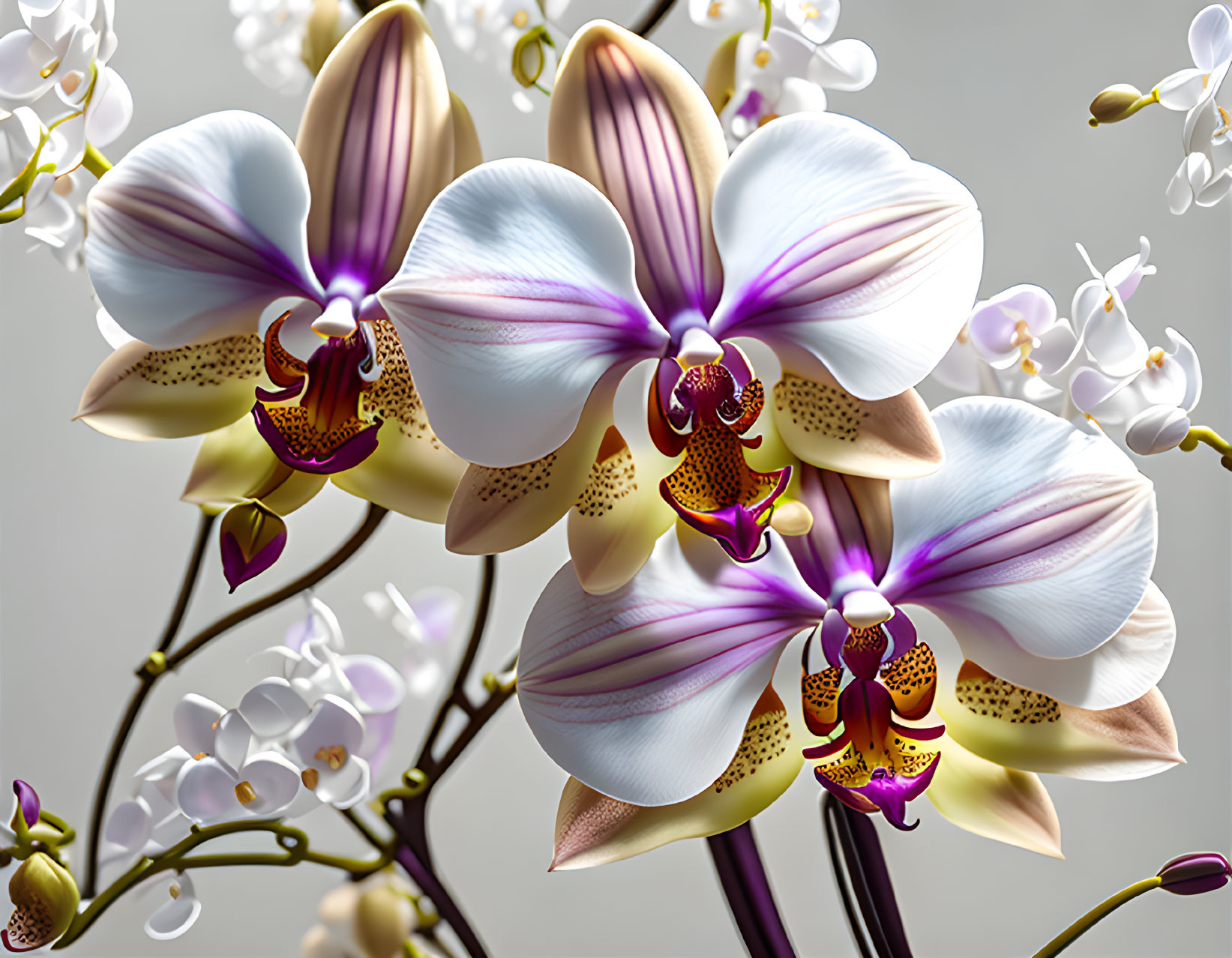 Vibrant close-up of purple, white, and yellow orchids.