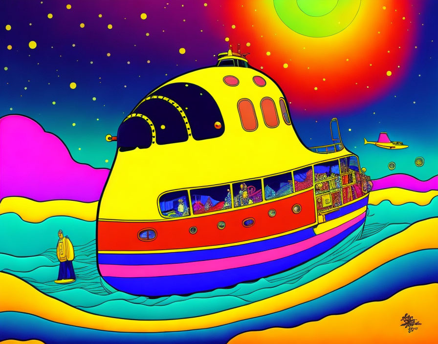 Colorful Yellow Submarine in Psychedelic Ocean Setting with Sun, Stars, and Figure