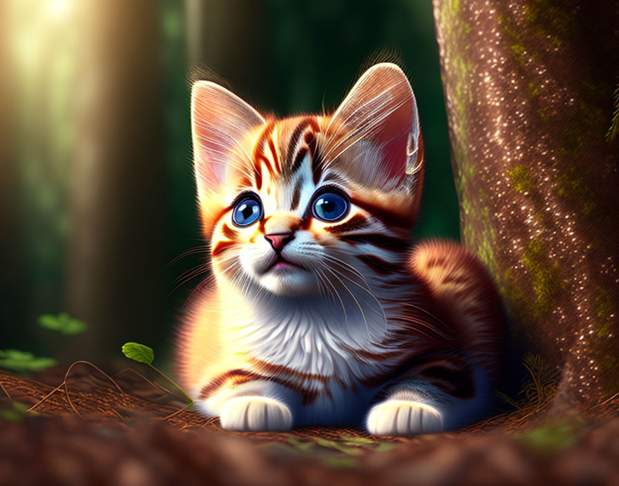 Orange Tabby Kitten with Blue Eyes in Sunlit Forest