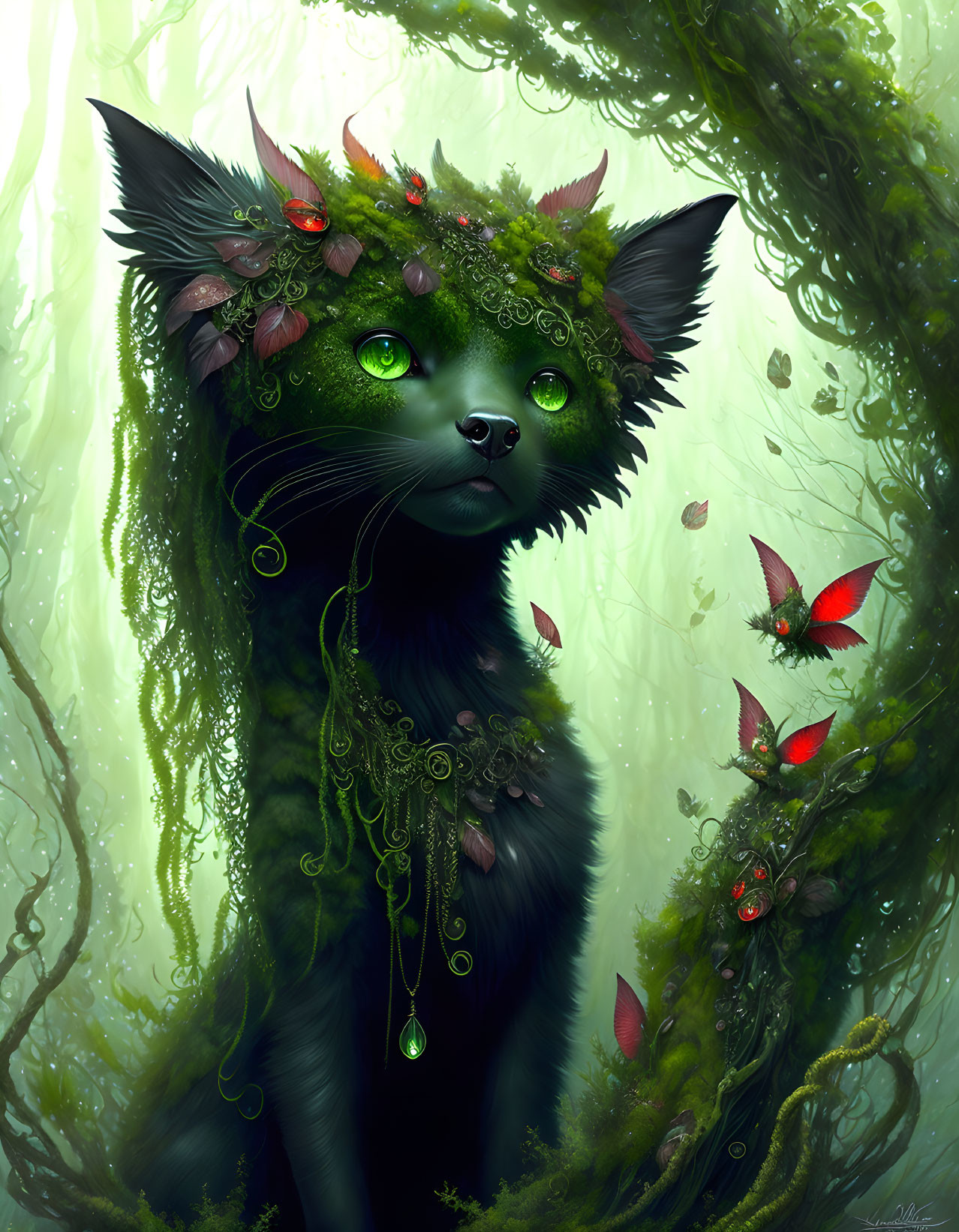 Mystical black cat with green eyes and leaf crown in lush forest.