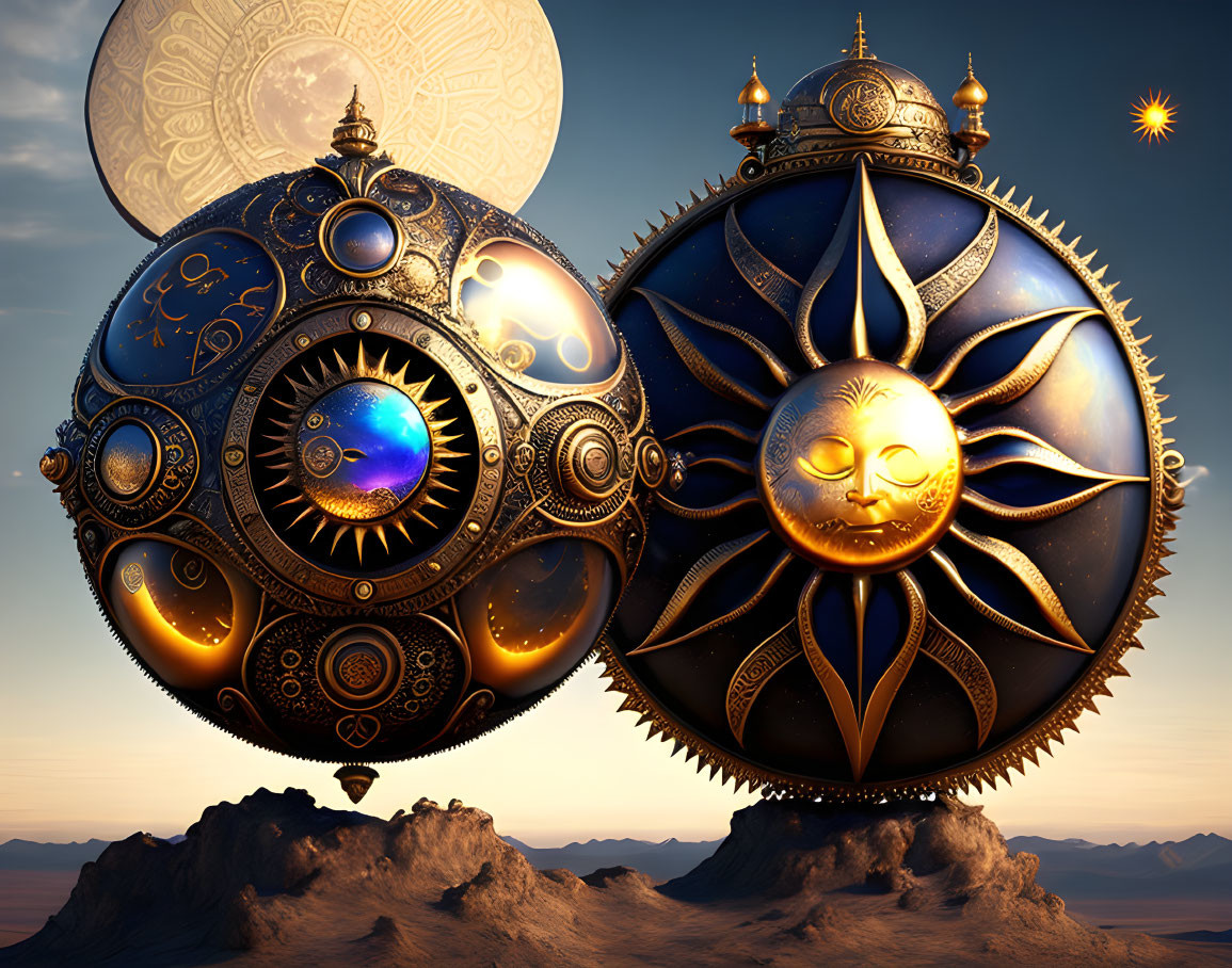 Steampunk-inspired sun, moon, and planet in desert setting