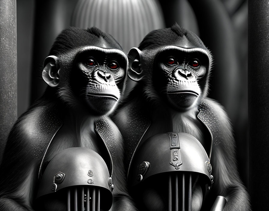 Chimpanzees with futuristic helmets in dark setting