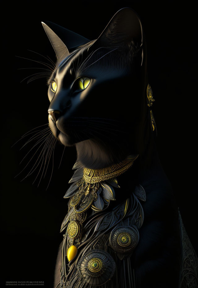 Majestic black cat with golden jewelry on dark background