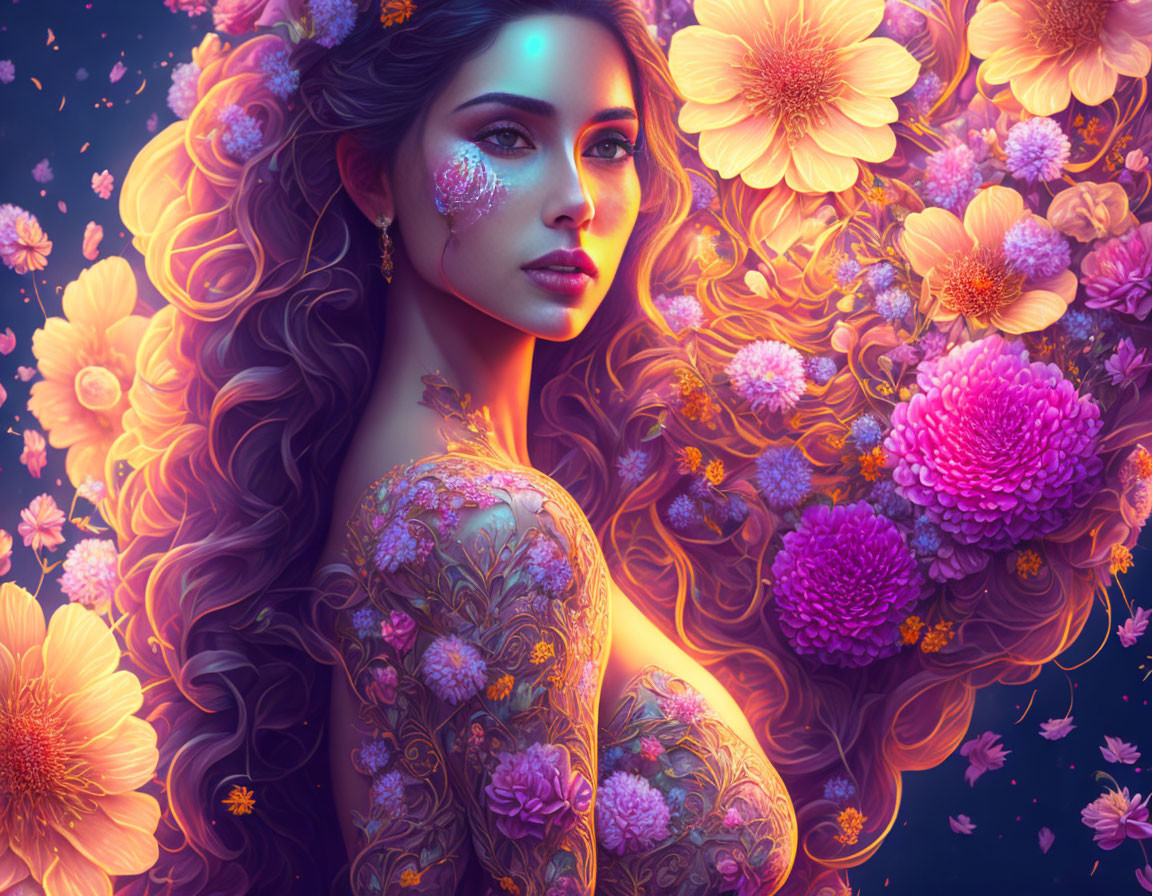 Ethereal woman with floral tattoos in vibrant blossom setting