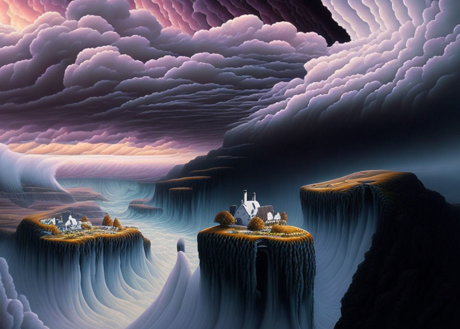 Surreal Landscape with Cliff Islands and Purple Clouds