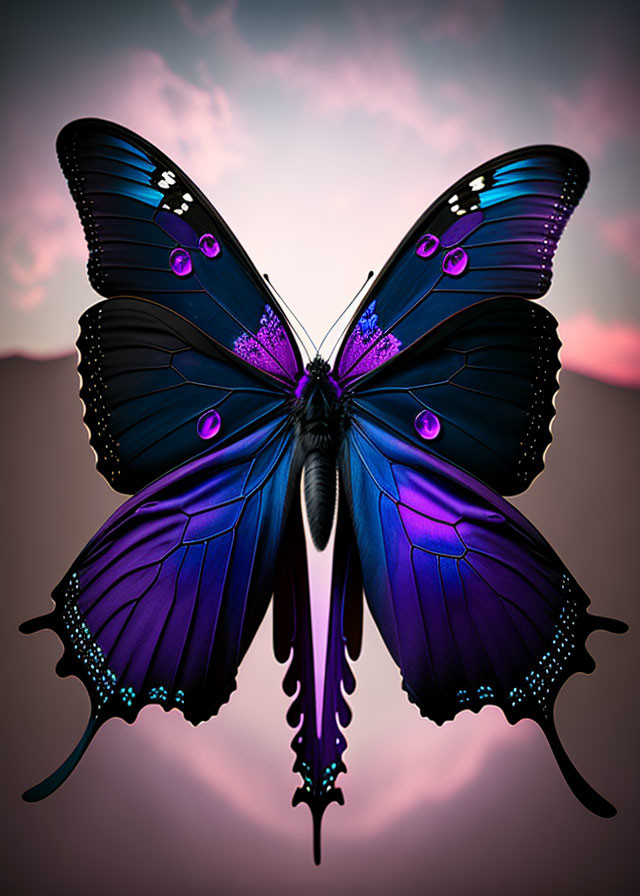 Colorful Butterfly with Blue and Purple Wings on Pink and Purple Background