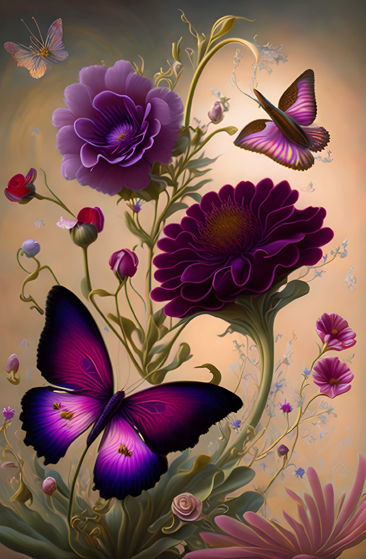 Purple Flowers and Butterflies in Digital Art