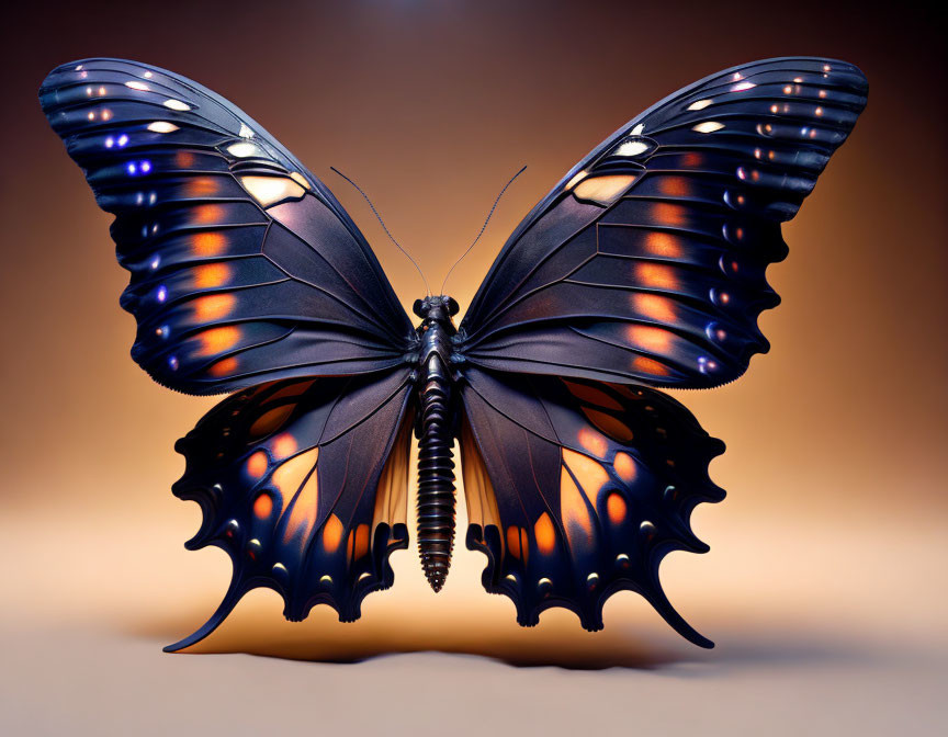 Colorful Butterfly with Blue Spots and Orange Highlights on Dark Background