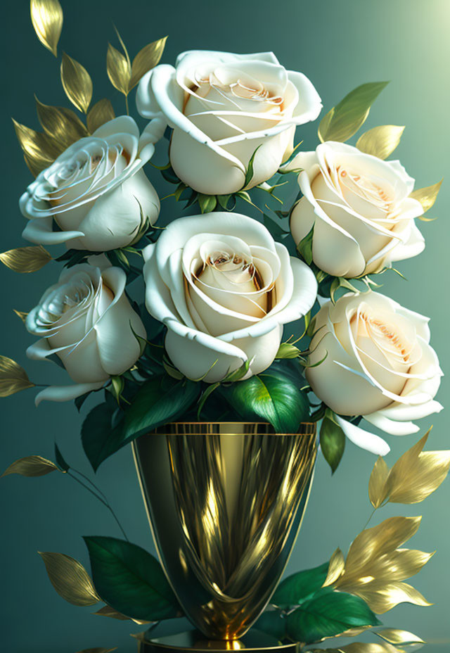 White Roses Bouquet with Golden Leaves in Reflective Gold Vase on Teal Background