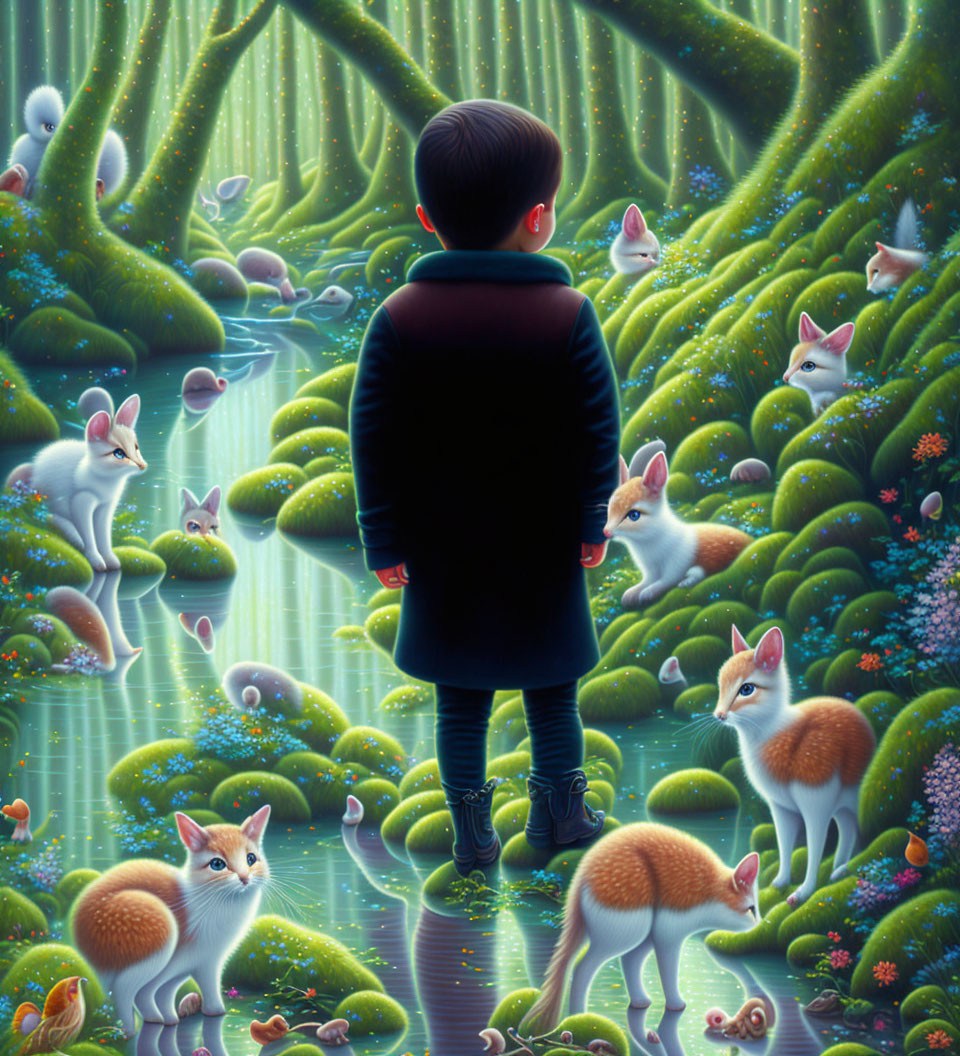 Child in vibrant forest with luminous trees and white rabbits amid greenery