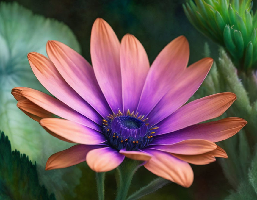 Vibrant purple and orange flower with delicate petals and dark indigo center.