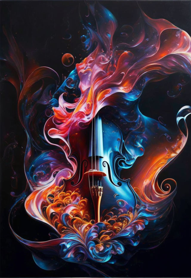 Colorful violin disintegrating into swirling flames on dark background