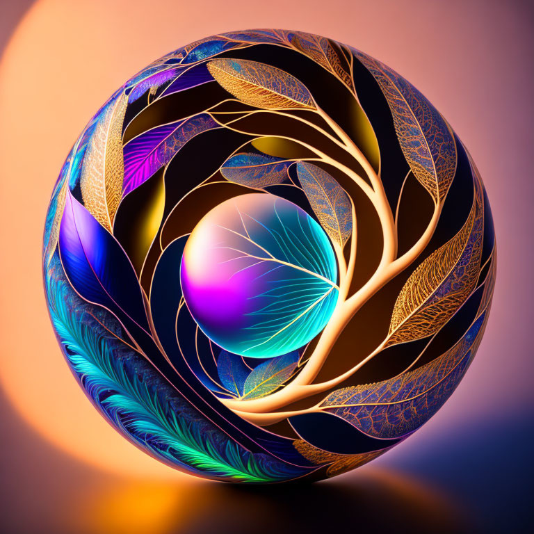 Colorful 3D sphere with intricate feather-like patterns on gradient background