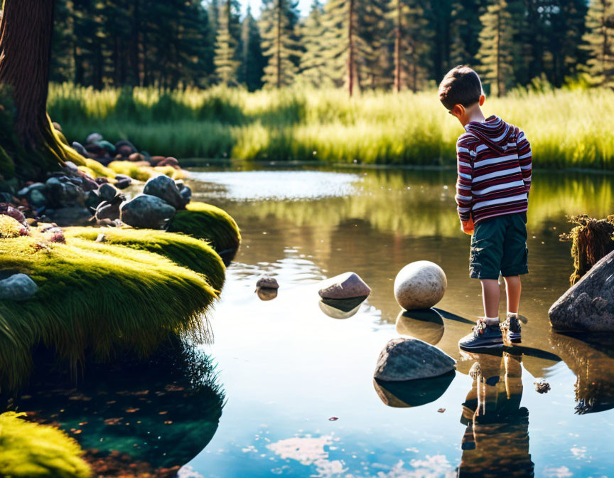 Child in Striped Shirt by Tranquil Forest Pond