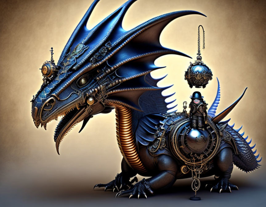 Detailed Steampunk Mechanical Dragon with Blue Scales