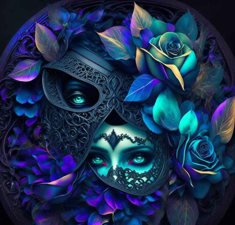 Intricate stylized mask with ornate patterns amid blue and purple flowers