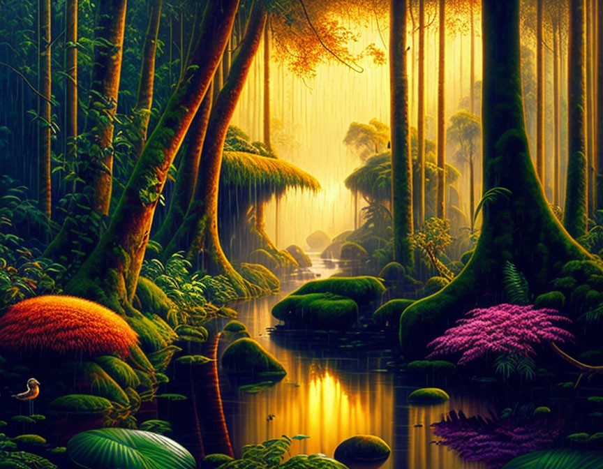 Lush Rainforest with River and Sunlight Rays