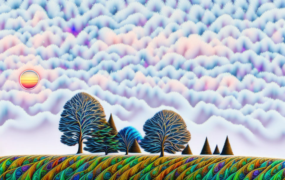 Vibrant surreal landscape with whimsical trees and vivid sunset