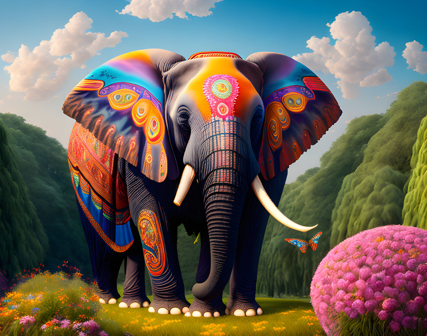 Colorful Elephant in Vibrant Fantasy Landscape with Traditional Patterns