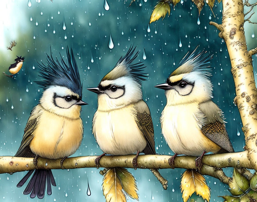 Stylized birds with feather crests perched on branch in rain