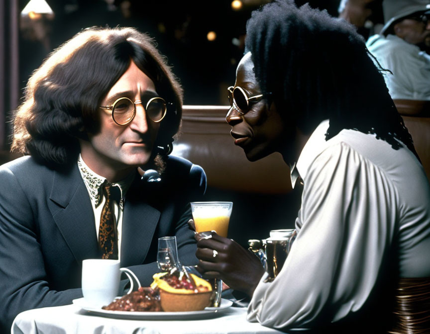 Men with glasses and dreadlocks in diner having close conversation